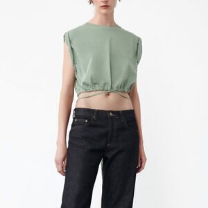 Zara Green Cap Sleeve Tie Waist Crop Top Size Large